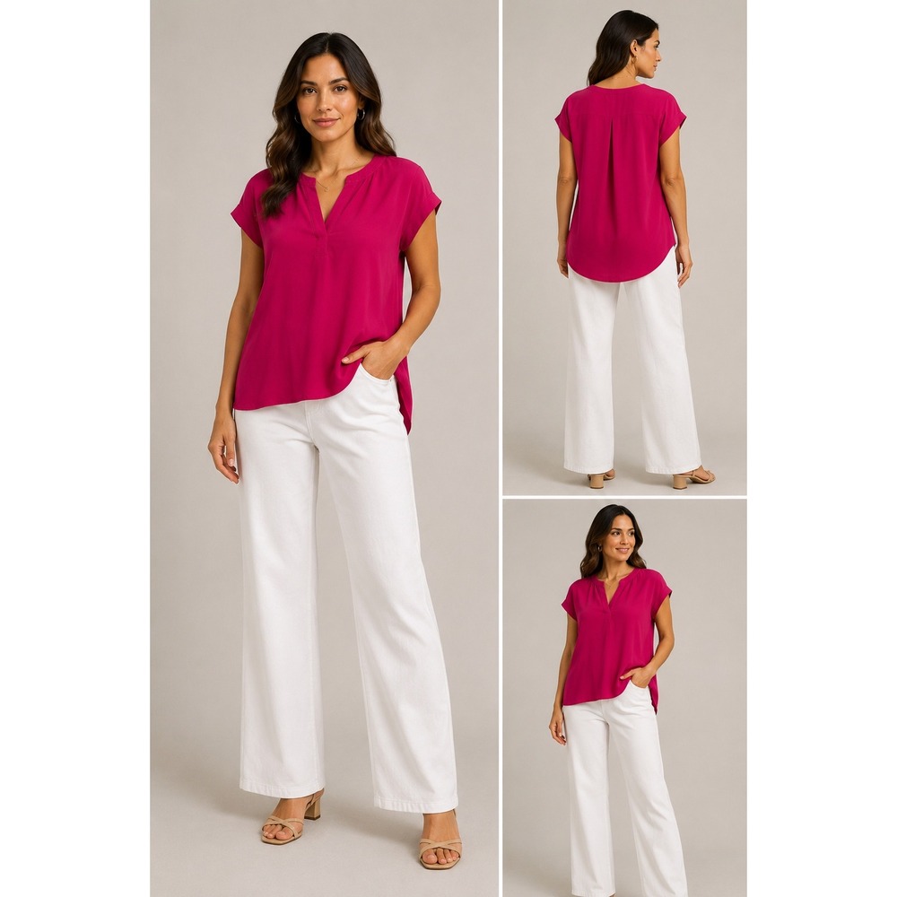 Cynthia Steffe XL Magenta Pink V-Neck Blouse Short Sleeve High Low Hem Top